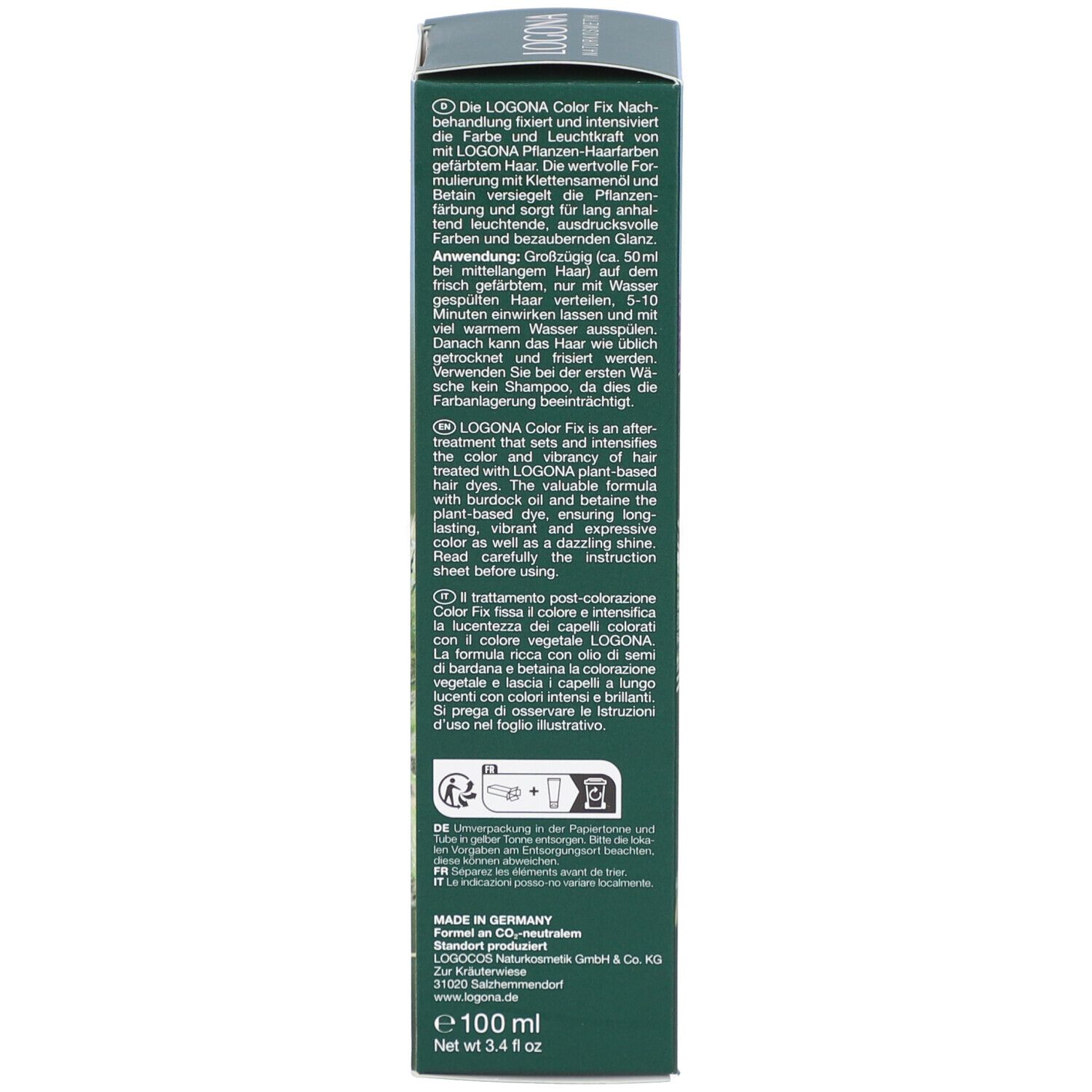 Rückseite der Produktverpackung. Text in mehreren Sprachen. Volumenangabe: 100 ml. Hergestellt in Deutschland.