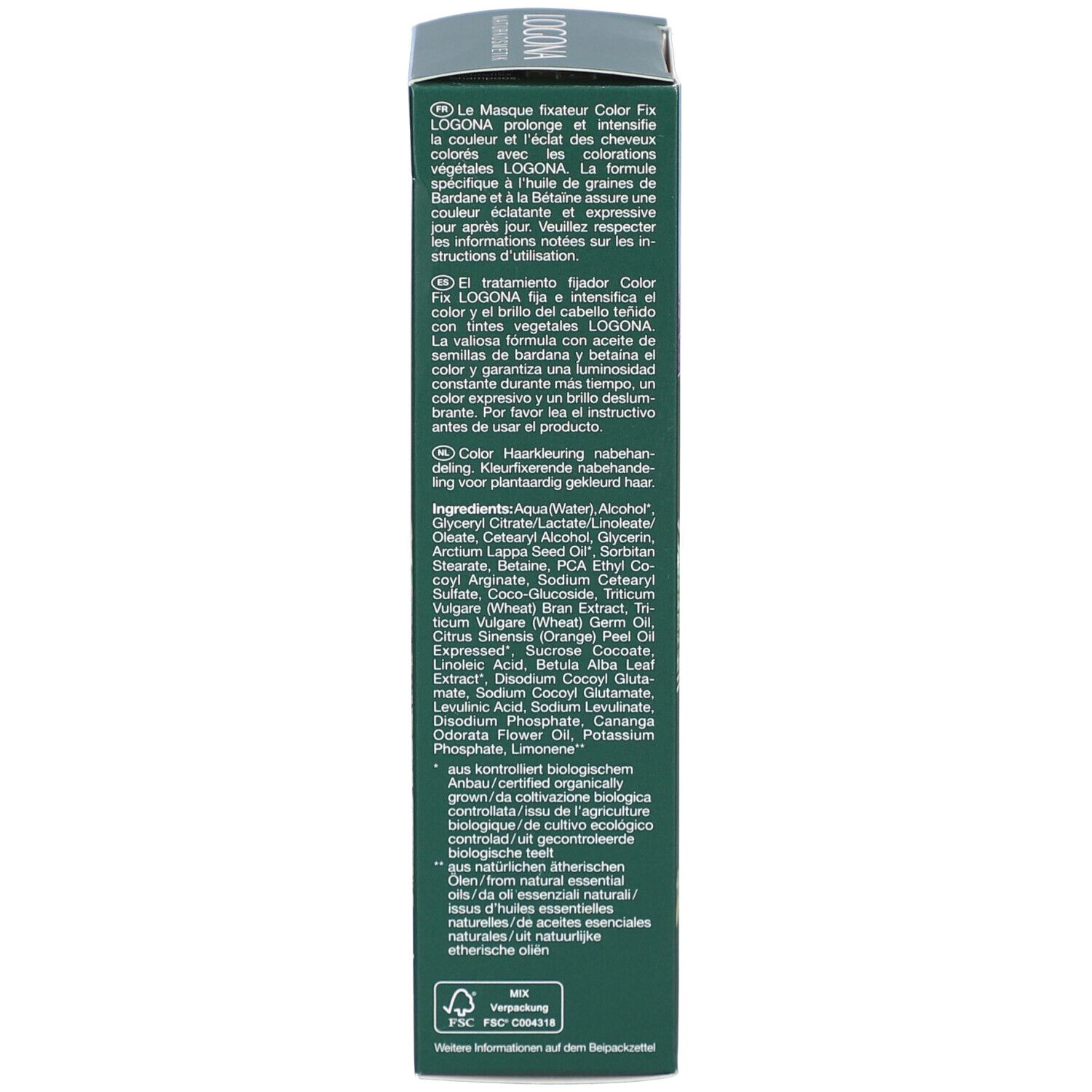 Rückseite der Produktverpackung. Text in mehreren Sprachen. Inhaltsstoffe. Volumenangabe: 100 ml.
