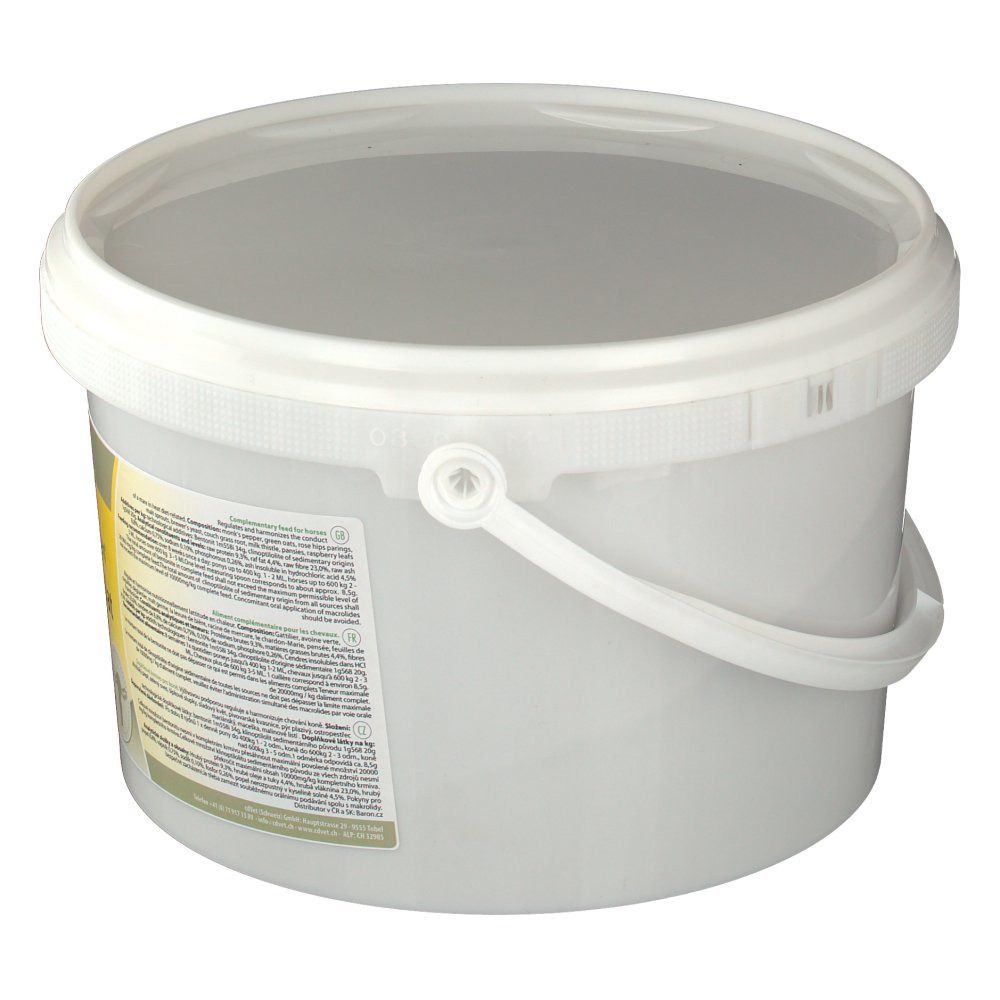 Weißer Eimer mit Deckel und Griff. Aufkleber mit Text. Rückansicht.