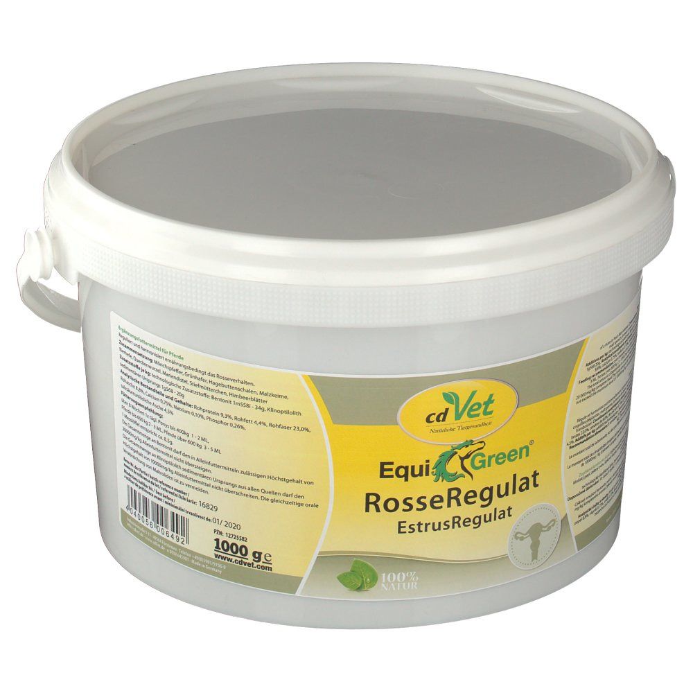 Weißer Eimer mit Deckel. Aufschrift: cd Vet EquiGreen RosseRegulat. 100% Natur. 1000 g.