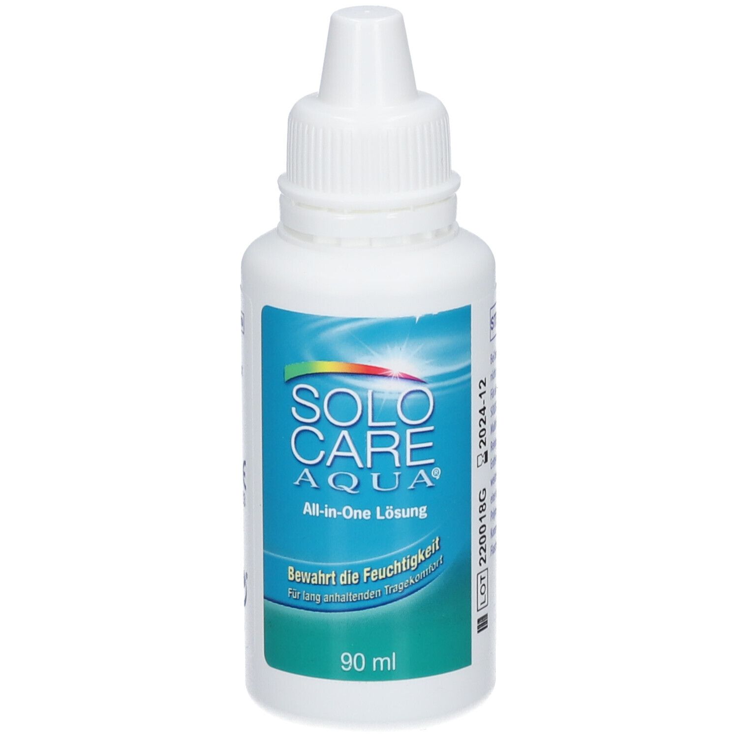 Weiße Flasche mit SOLO CARE AQUA All-in-One Lösung. 90 ml. Tropfflasche mit weißem Verschluss.