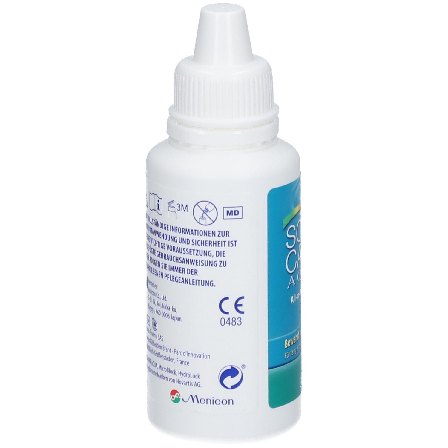 Weiße Flasche SOLO CARE AQUA All-in-One Lösung. Rückseite mit Text und Logos. CE-Kennzeichnung.