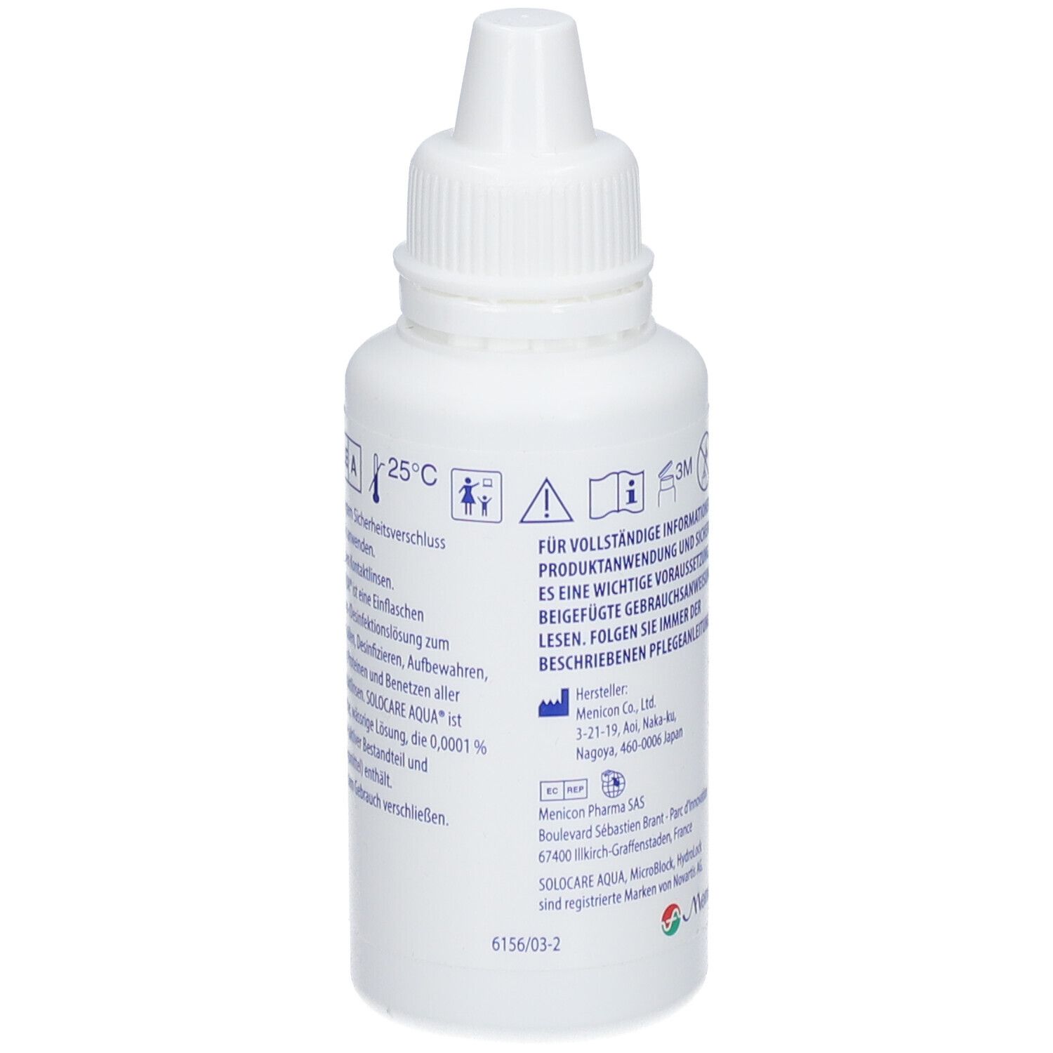 Weiße Flasche SOLO CARE AQUA All-in-One Lösung. Rückseite mit Text und Symbolen. 25°C.