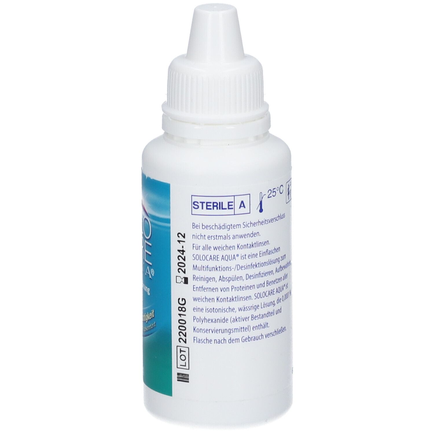 Weiße Flasche SOLO CARE AQUA All-in-One Lösung. Rückseite mit Text und Symbolen. Steril A.