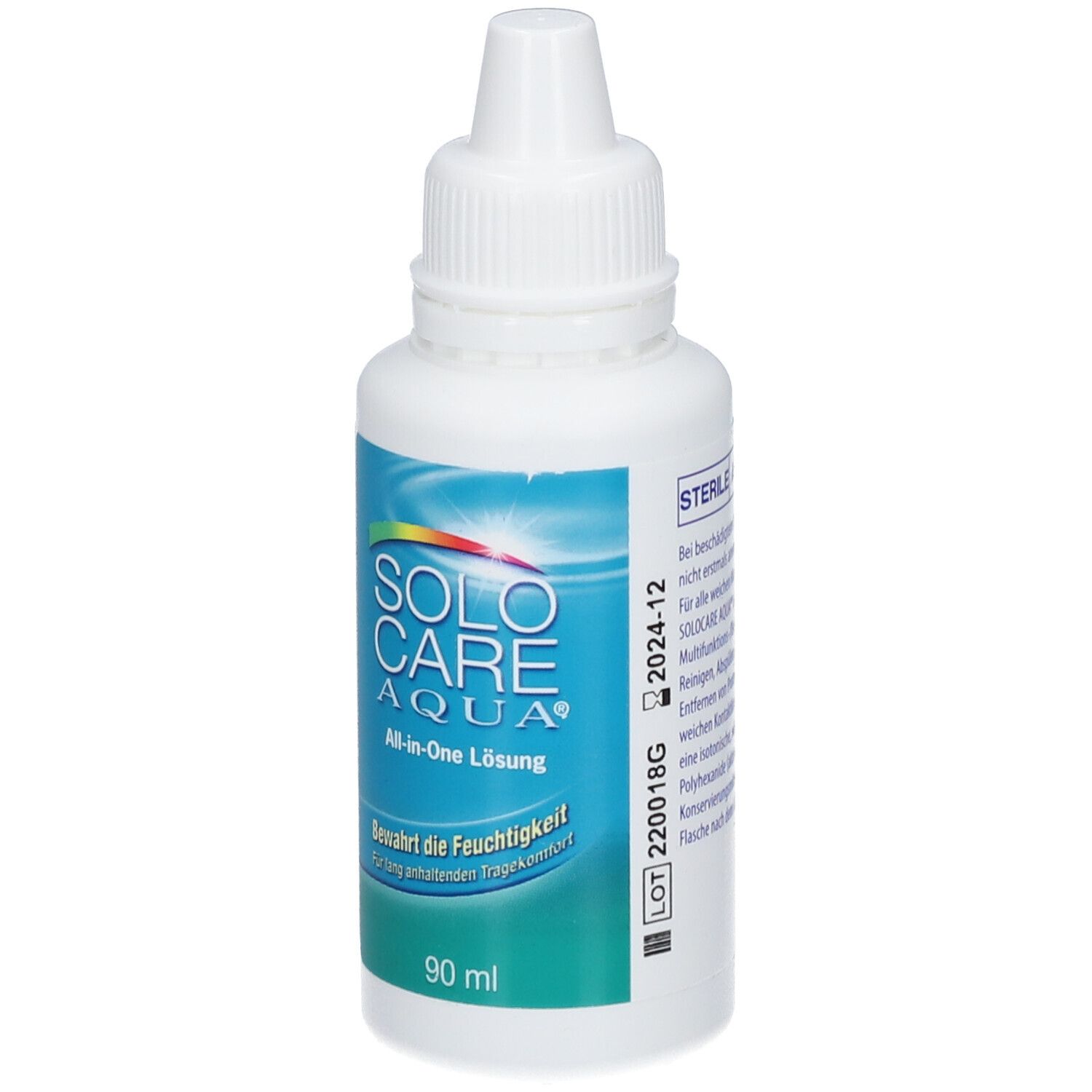 Weiße Flasche SOLO CARE AQUA All-in-One Lösung. 90 ml. Tropfflasche mit weißem Verschluss.