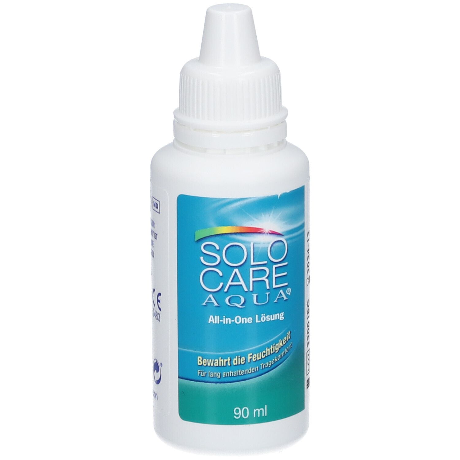 Weiße Flasche SOLO CARE AQUA All-in-One Lösung. 90 ml. Tropfflasche mit weißem Verschluss.