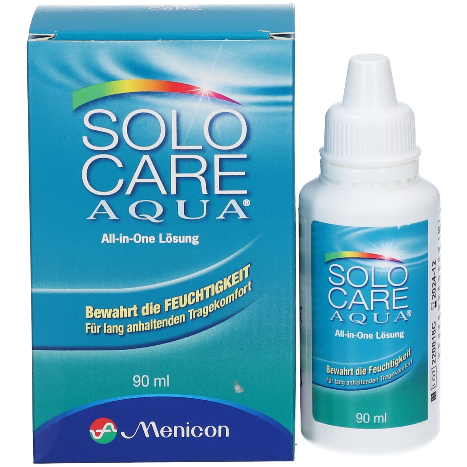 SOLO CARE AQUA All-in-One Lösung Flasche und Verpackung. 90 ml. Blaue Verpackung.