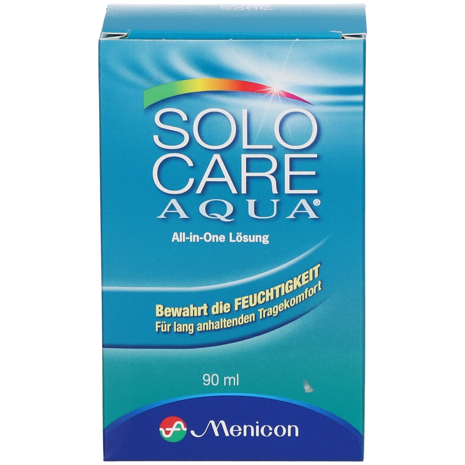 Blaue Verpackung SOLO CARE AQUA All-in-One Lösung. 90 ml. Text und Logo.