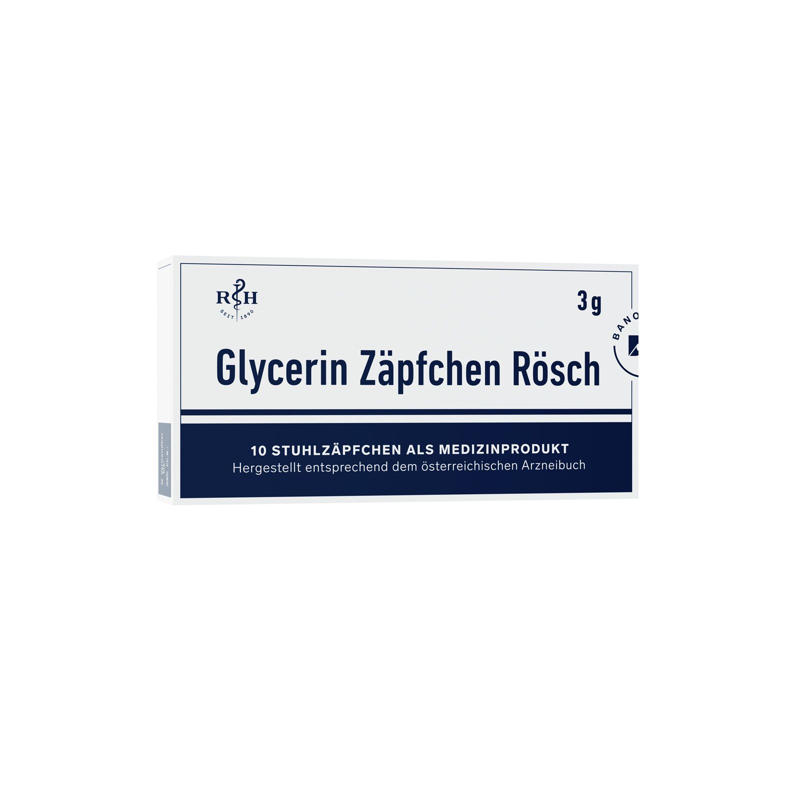 Glycerin Zäpfchen Rösch, 3g Packung. 10 Zäpfchen. Weiß-blaue Verpackung mit Produktinformationen und Logo.