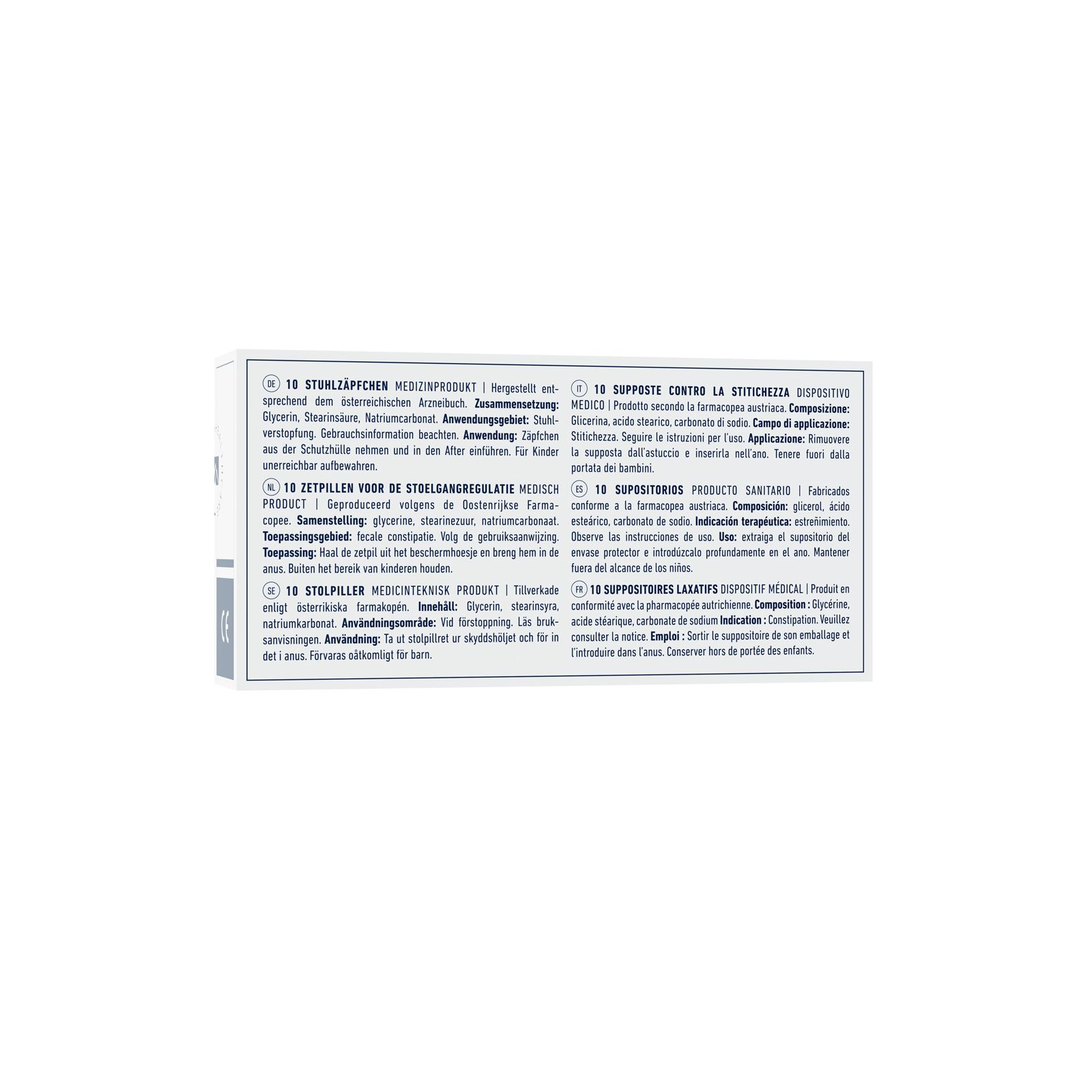 Rückseite der Glycerin Zäpfchen Rösch Packung. Mehrsprachige Produktinformationen und Inhaltsstoffe.