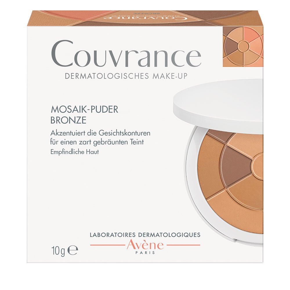 Weiße Verpackung mit Produktnamen und Mosaik-Puder. Puder in verschiedenen Brauntönen. Marke: Couvrance.