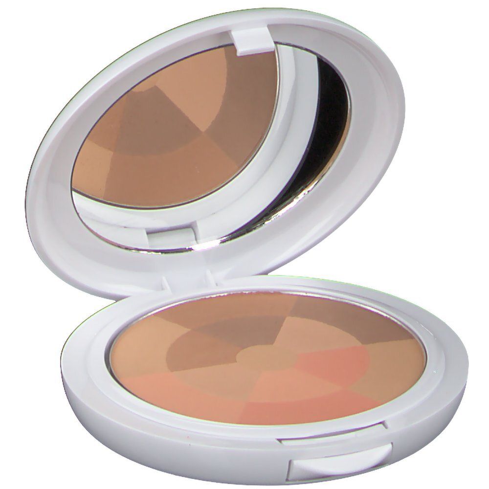 Weißer Behälter mit Spiegel und Mosaik-Puder in verschiedenen Brauntönen. Deckel geöffnet.