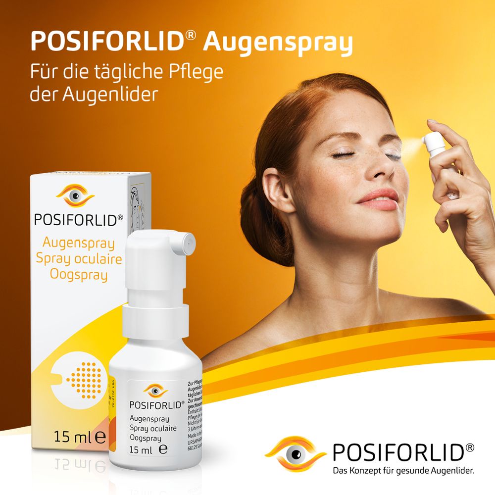 POSIFORLID® Augenspray. Frau sprüht Spray auf geschlossenes Auge. Verpackung und Flasche.