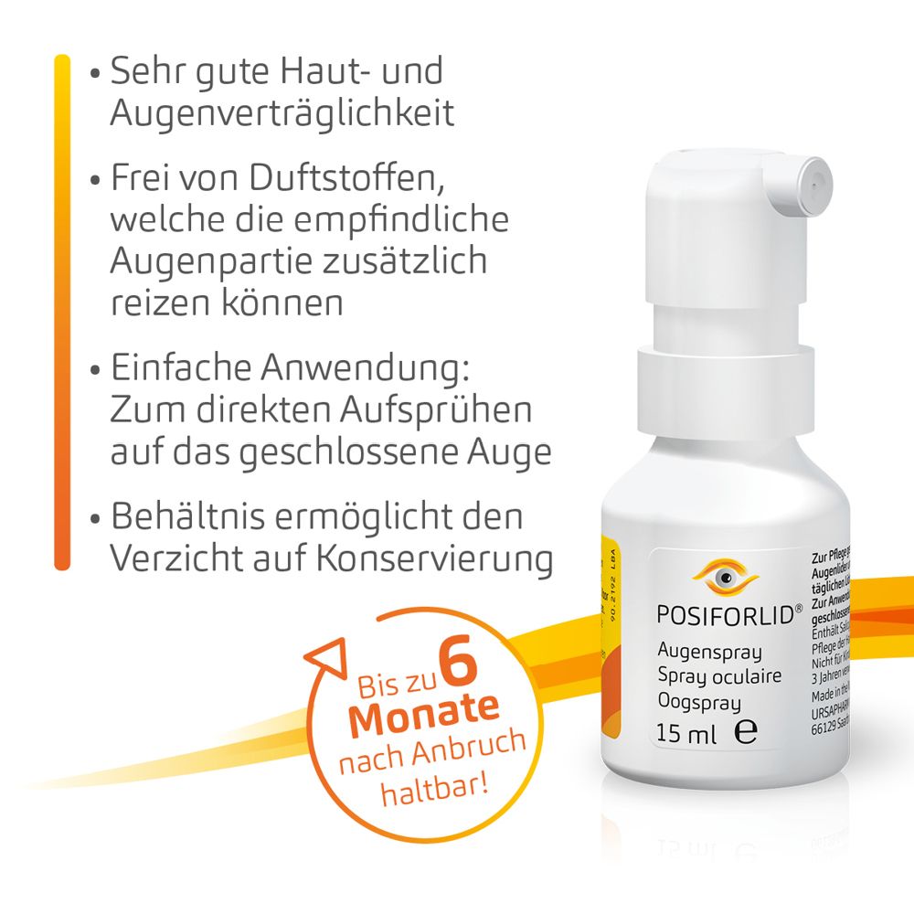 POSIFORLID® Augenspray. Text: Hautverträglichkeit, ohne Duftstoffe, Anwendung. 6 Monate haltbar.