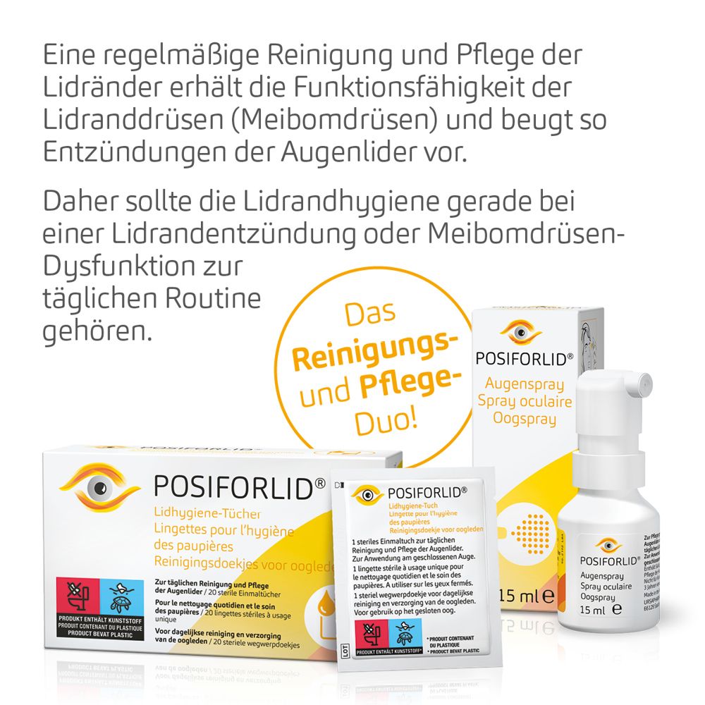 POSIFORLID® Reinigungs- und Pflege-Duo. Augenspray, Lidhygiene-Tücher und Verpackungen.