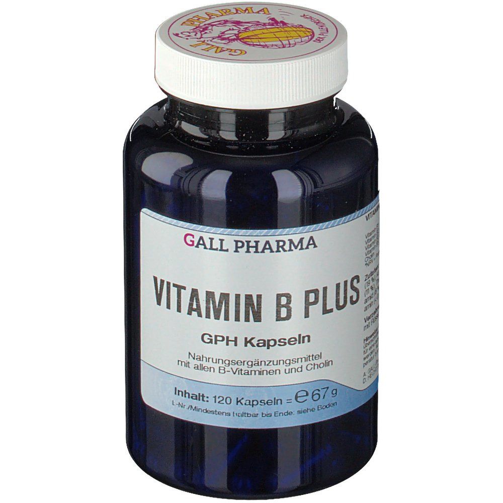 Dunkelblaue Flasche mit weißem Deckel. Aufkleber mit Text: Vitamin B Plus, GPH Kapseln. Marke: Gall Pharma.