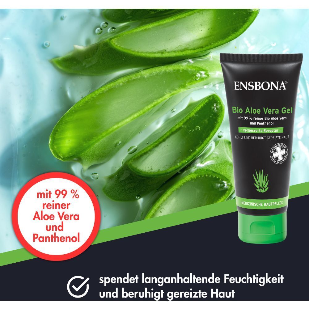 Ensbona Bio Aloe Vera Gel Tube mit Aloe Vera Blättern und Panthenol.