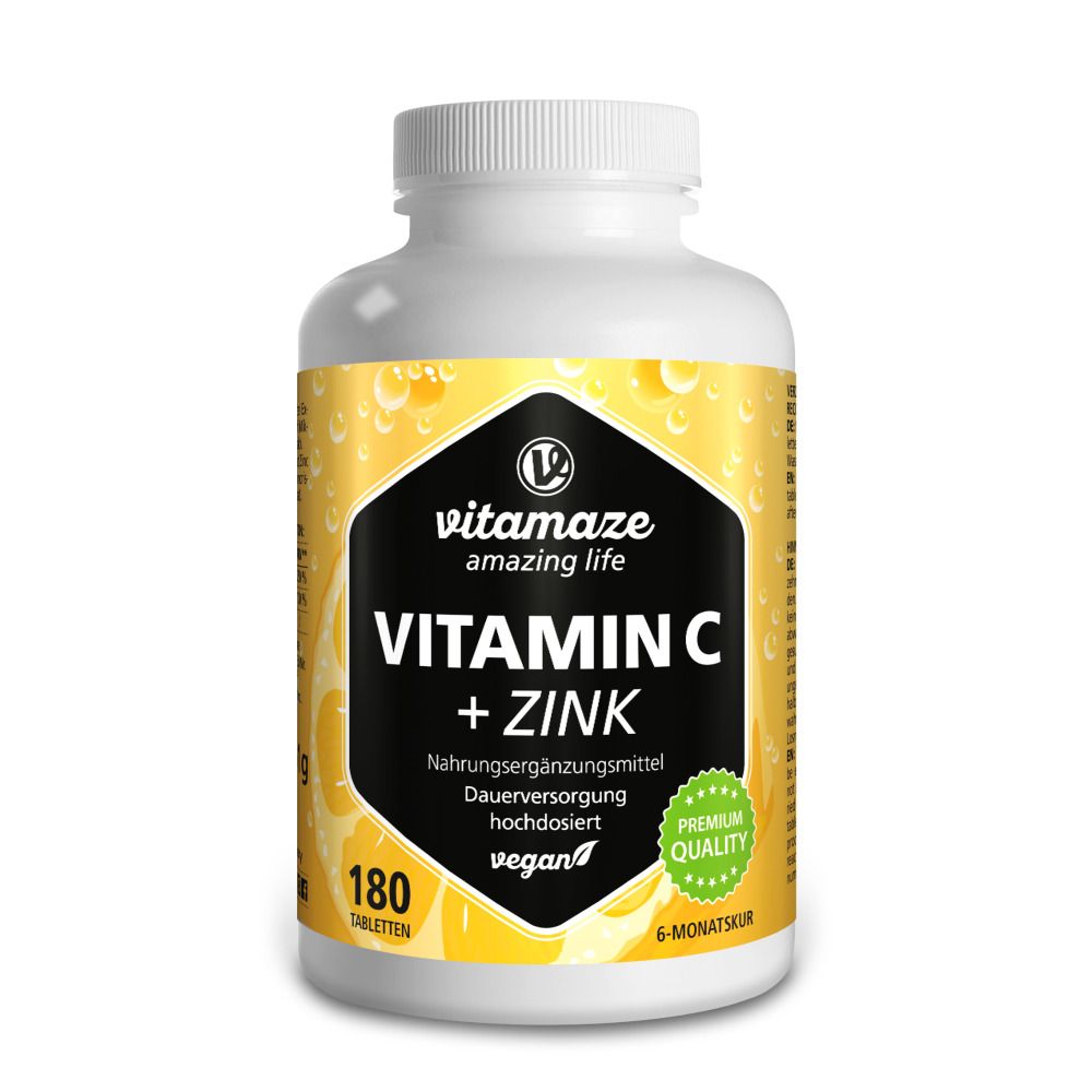 Weiße Flasche mit Vitamin C + Zink Tabletten. Schwarzes Etikett mit Produktinformationen. 180 Tabletten, vegan, Premium Qualität.