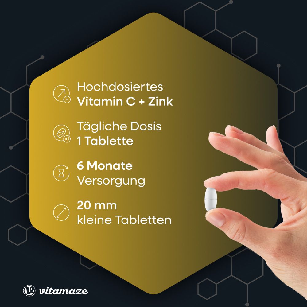 Gelber Hintergrund mit Informationen zu Vitamin C + Zink. Eine Tablette wird von einer Hand gehalten. 20 mm kleine Tabletten.