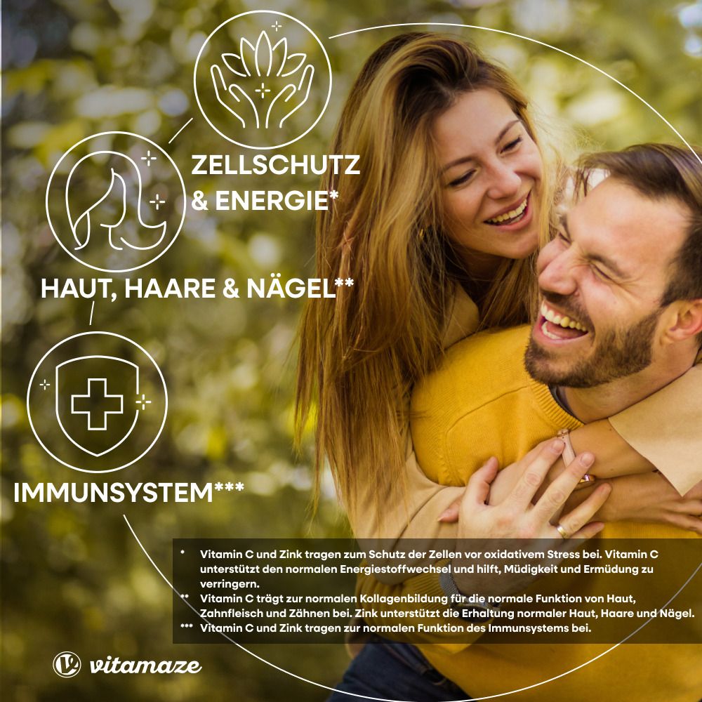 Zwei lächelnde Personen. Text über Zellschutz, Energie, Haut, Haare, Nägel und Immunsystem. Marke: vitamaze.