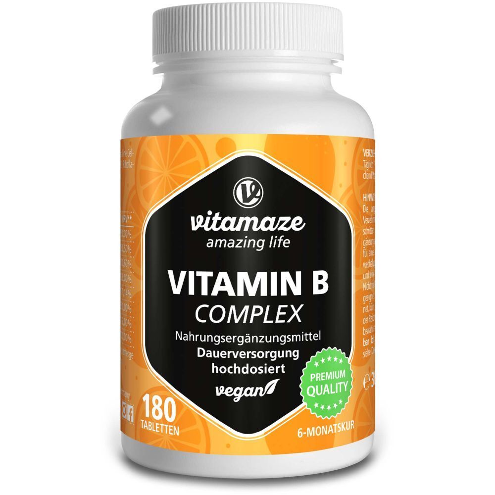 Weiße Flasche mit Vitamin B-Komplex-Tabletten. Schwarzes Etikett mit Produktinformationen und Logo. Vegan, 180 Tabletten.