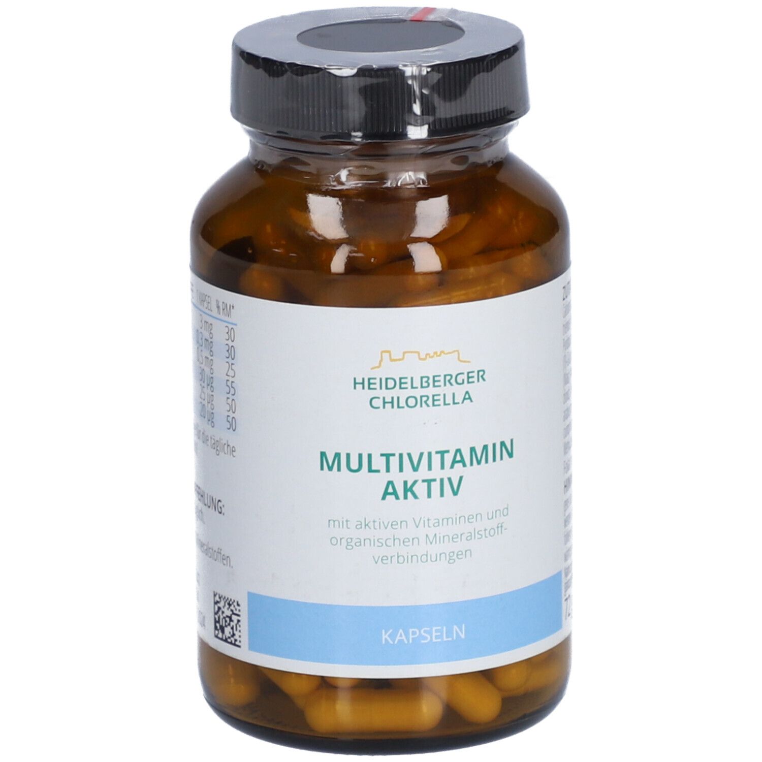 Braune Glasflasche mit Kapseln. Weißes Etikett mit "Heidelberger Chlorella" und "Multivitamin aktiv".