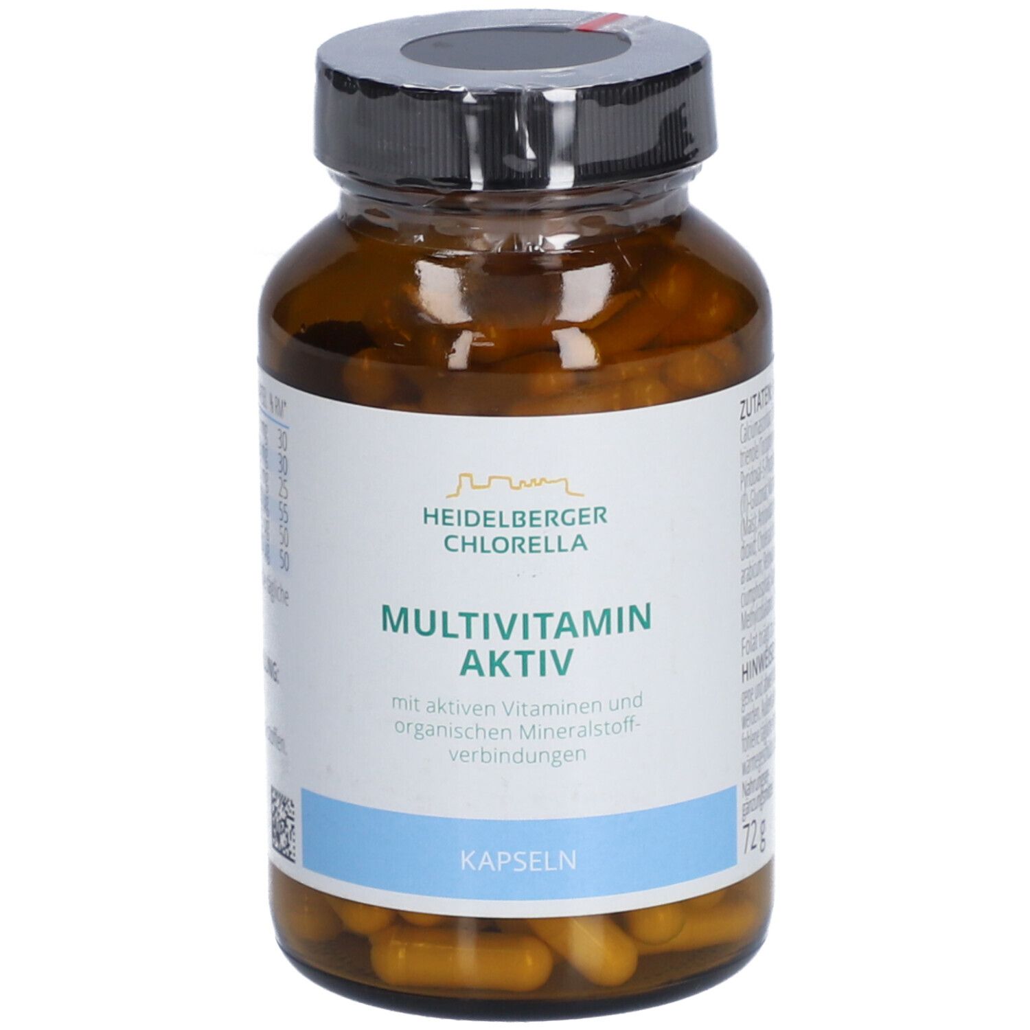 Braune Glasflasche mit Kapseln. Weißes Etikett mit "Heidelberger Chlorella" und "Multivitamin aktiv".