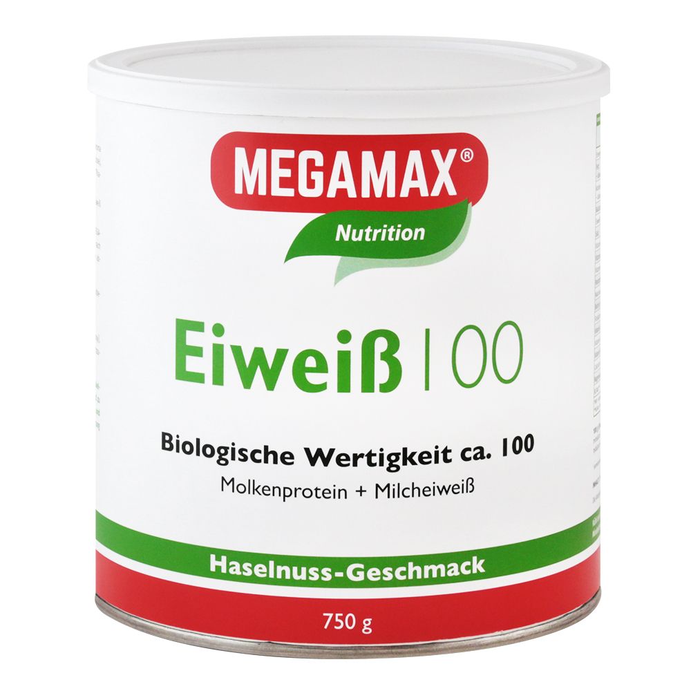 Weißes Dose mit rotem und grünem Etikett. Aufschrift: MEGAMAX, Eiweiß 100, Haselnuss-Geschmack. Enthält Molkenprotein und Milcheiweiß. Gewicht: 750 g.