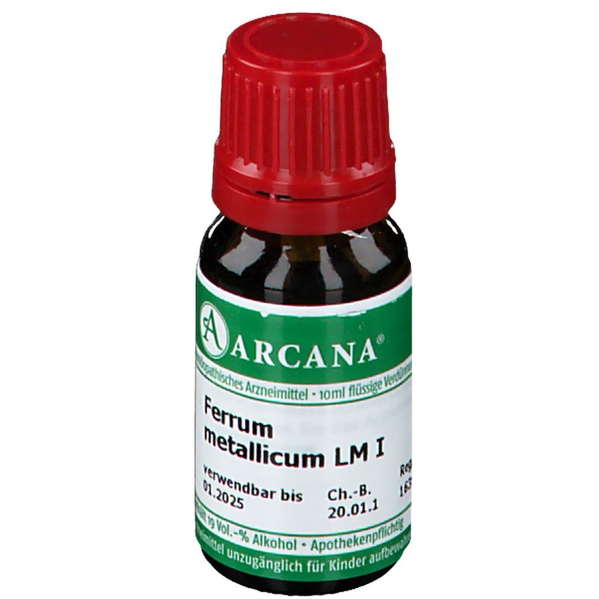 Braune Glasflasche mit rotem Verschluss. Etikett mit "ARCANA", "Ferrum metallicum LM I", und weiteren Informationen.