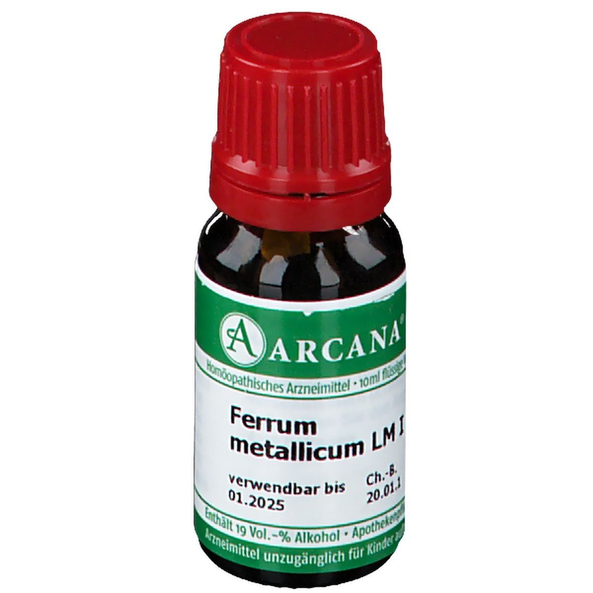 Braune Glasflasche mit rotem Verschluss. Etikett mit "ARCANA", "Ferrum metallicum LM I" und Verfallsdatum.