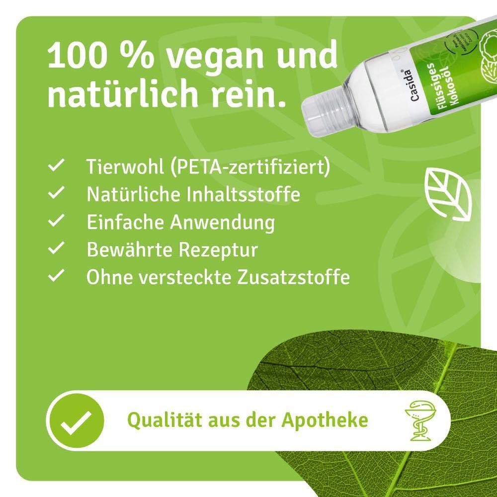 Grüner Hintergrund mit Text. 100% vegan und natürlich rein. PETA-zertifiziert, natürliche Inhaltsstoffe, Apothekenqualität.