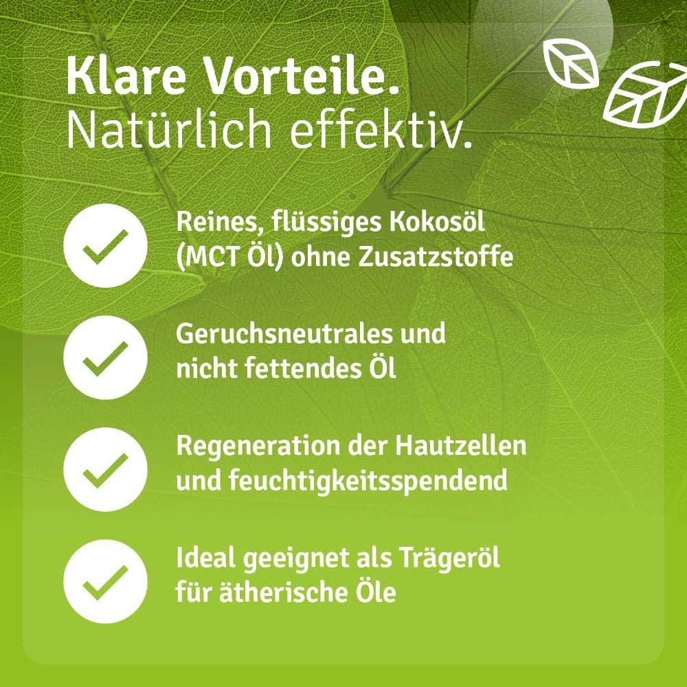 Grüner Hintergrund mit Text. Reines Kokosöl, geruchsneutral, regenerierend, ideal für ätherische Öle.