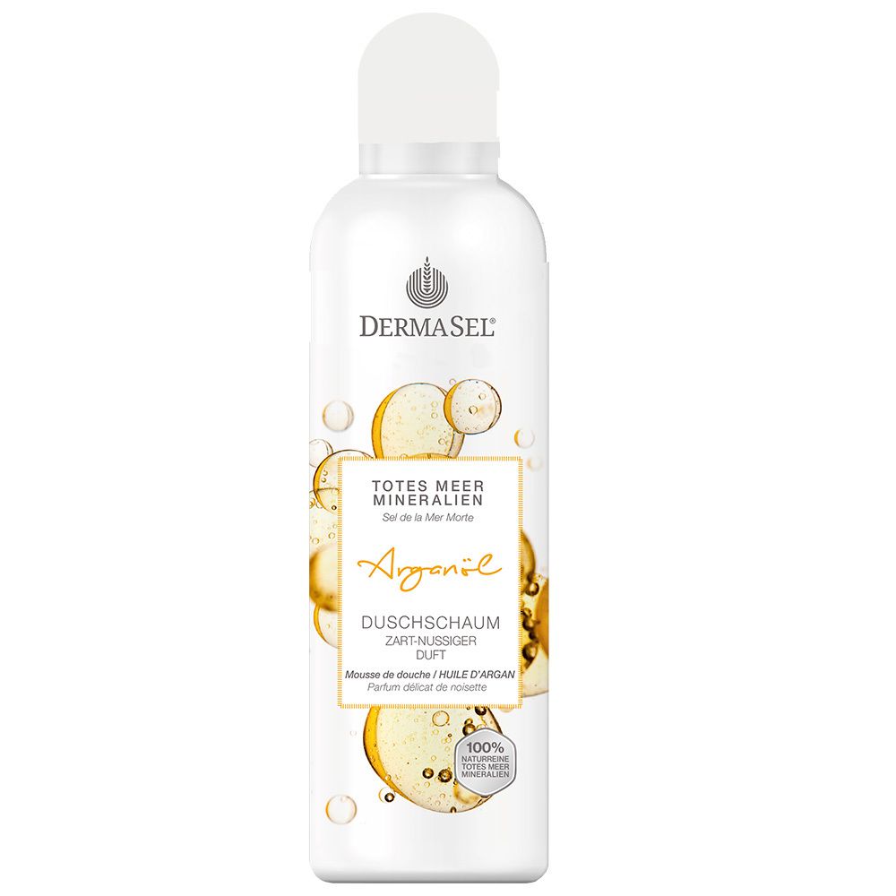 Weißes Flasche mit DERMASEL® Duschschaum Arganöl. Aufschrift: Totes Meer Mineralien, Arganöl, Duschschaum, 100%.