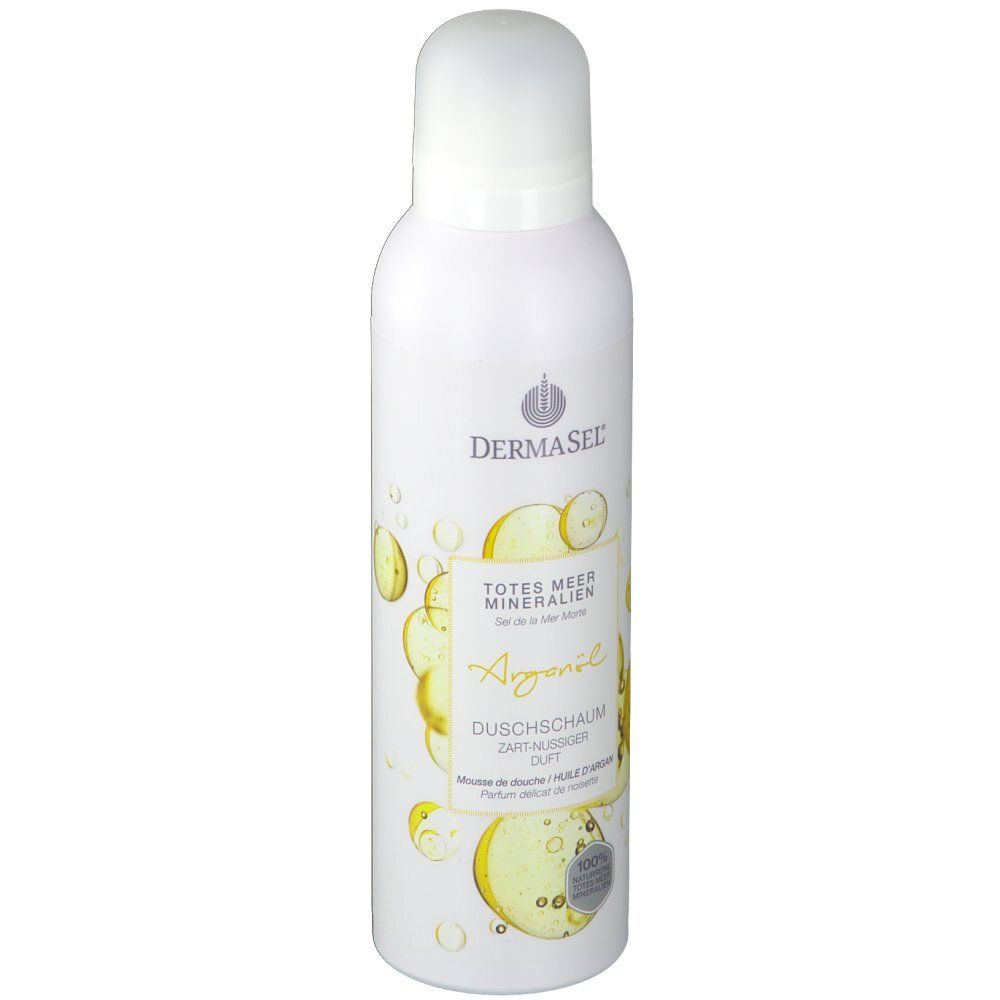 Weißes Flasche mit DERMASEL® Duschschaum Arganöl. Aufschrift: Totes Meer Mineralien, Arganöl, Duschschaum, 100%.