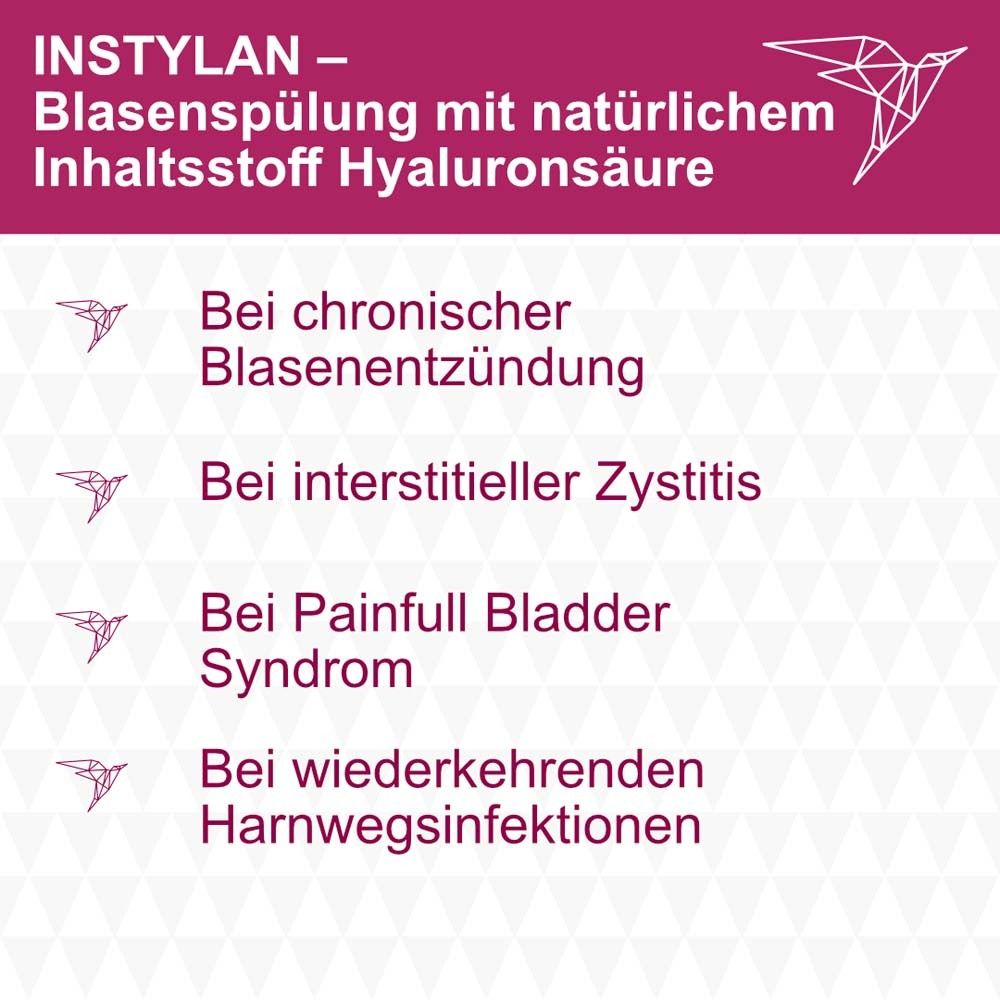 Text: INSTYLAN - Blasenspülung mit Hyaluronsäure. Aufzählung von Anwendungsbereichen.