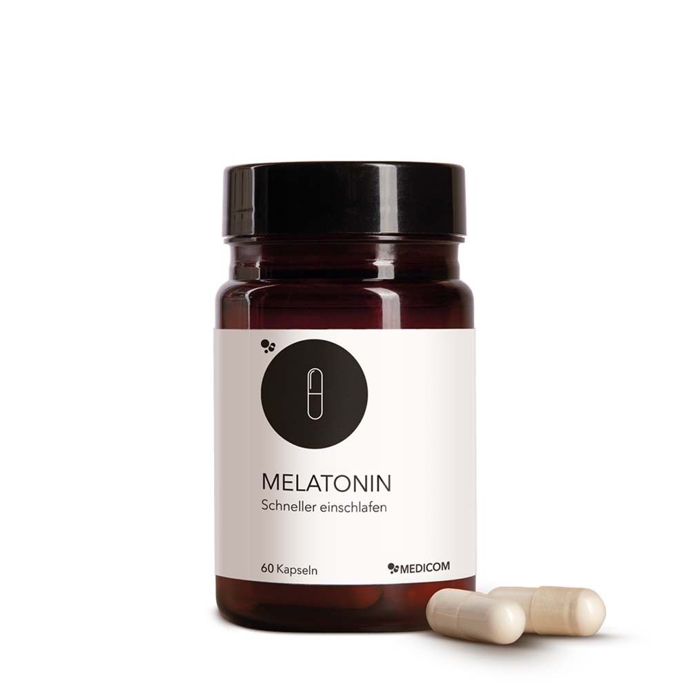 Braune Flasche mit weißen Kapseln. Aufschrift: Melatonin, 60 Kapseln. Marke: MEDICOM.