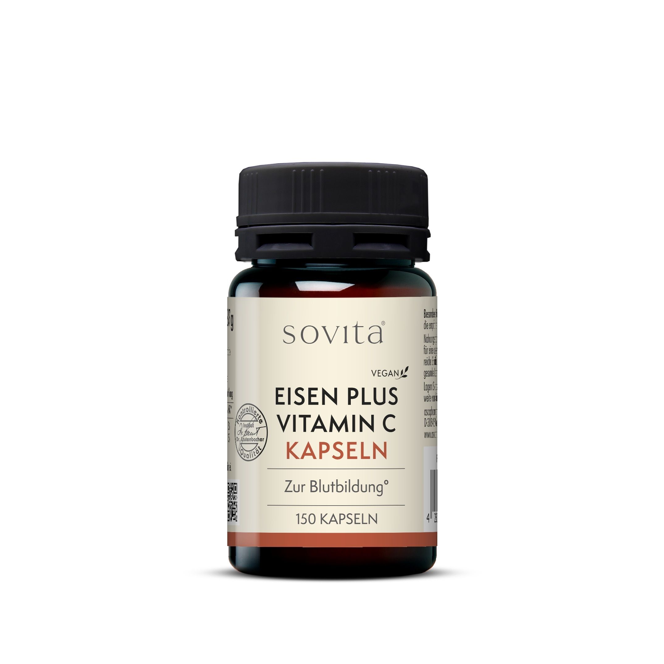 Braune Glasflasche mit schwarzem Deckel. Aufschrift: sovita Eisen Plus Vitamin C Kapseln. 150 Kapseln.
