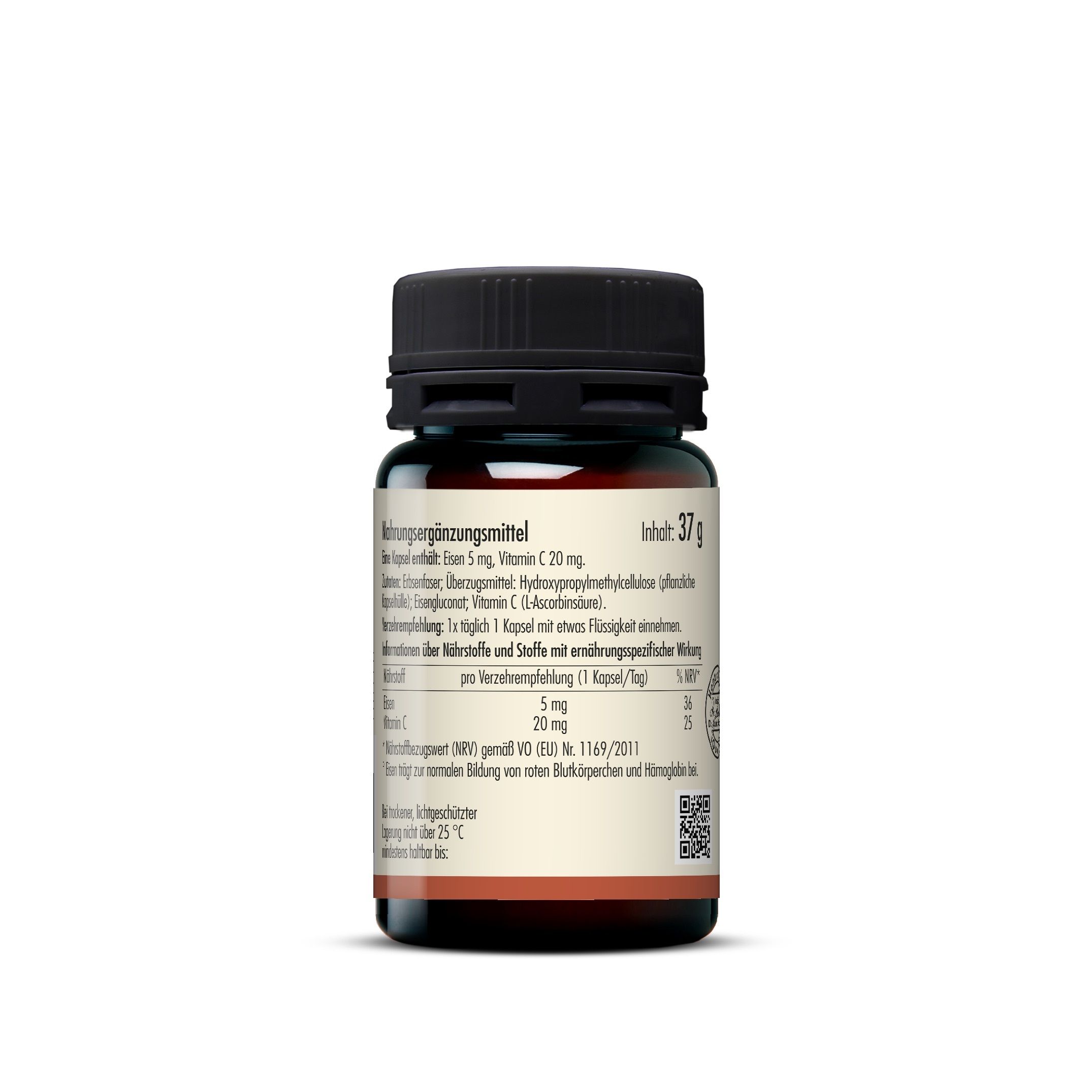 Rückseite einer braunen Glasflasche. Text: Nährwertangaben, Inhaltsstoffe, Verzehrempfehlung. Gewicht: 37g.