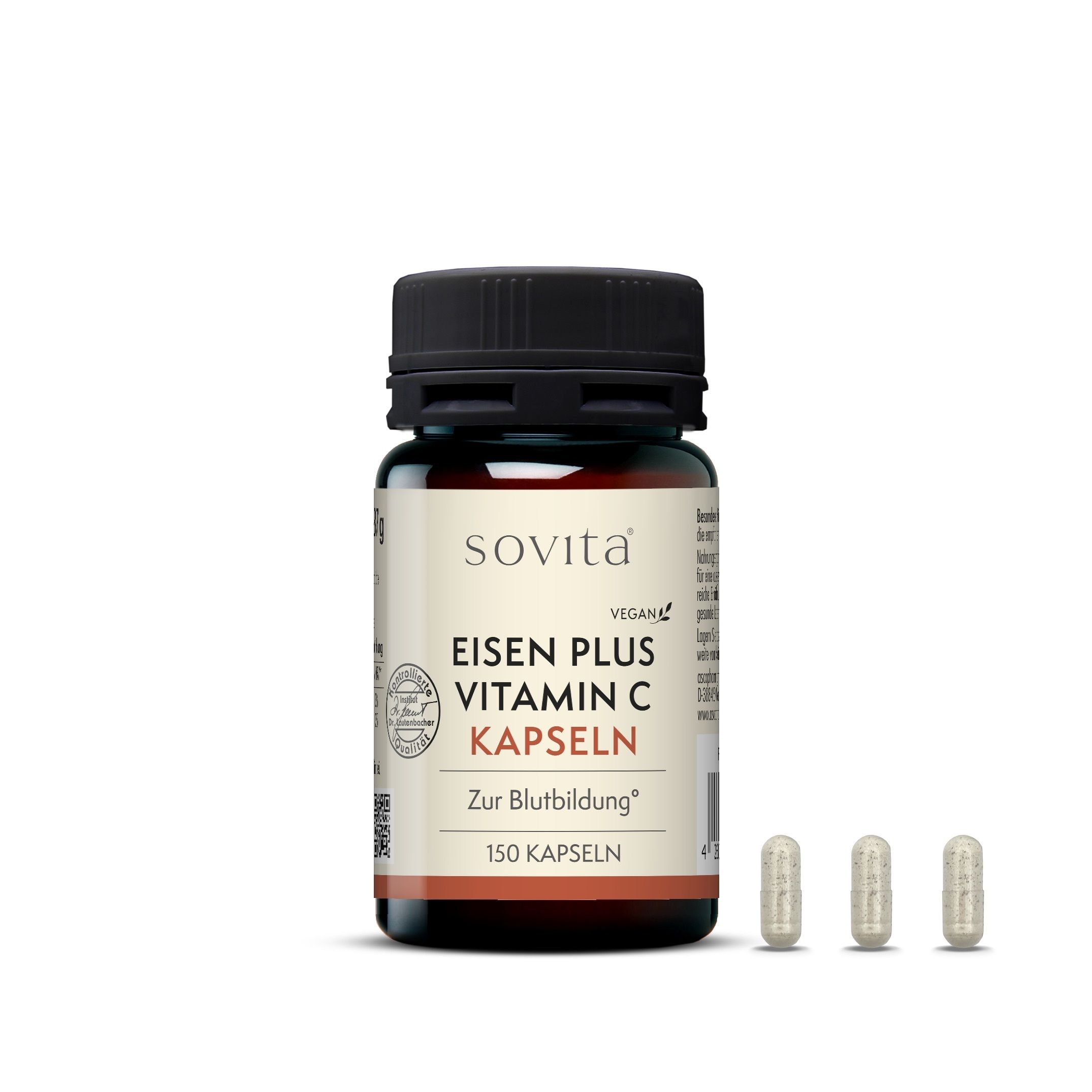 Braune Glasflasche mit Kapseln daneben. Aufschrift: sovita Eisen Plus Vitamin C Kapseln. 150 Kapseln.