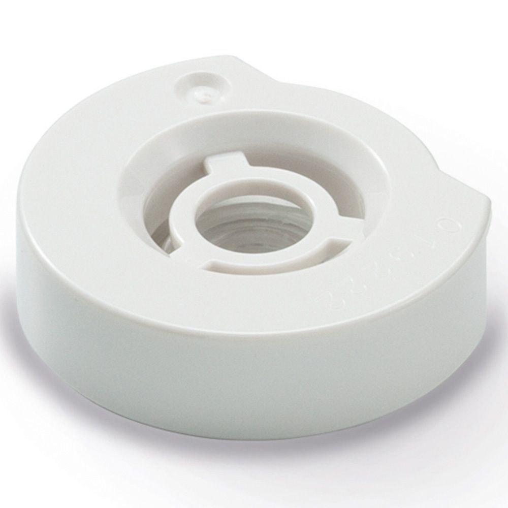 Weißes, rundes Bauteil mit zentraler Öffnung und umlaufendem Rand. Oberseite mit kleiner Aussparung.