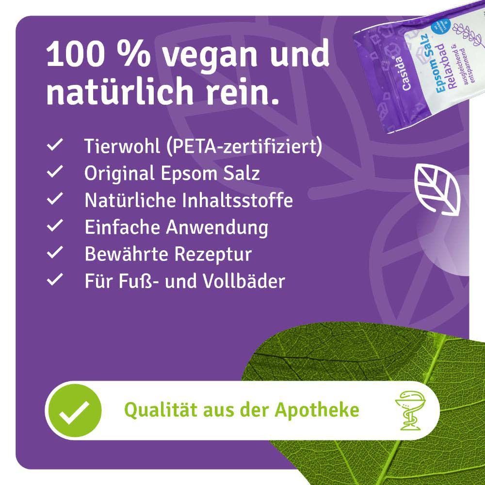 Lila Hintergrund mit Text: 100% vegan und natürlich rein. PETA-zertifiziert, Original Epsom Salz, einfache Anwendung, Apothekenqualität.