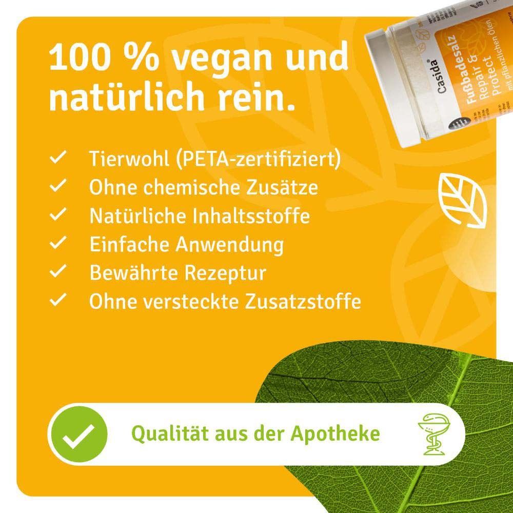 Gelber Hintergrund mit Text und Häkchen. Text: Tierwohl (PETA-zertifiziert), Ohne chemische Zusätze, Natürliche Inhaltsstoffe, Qualität aus der Apotheke.