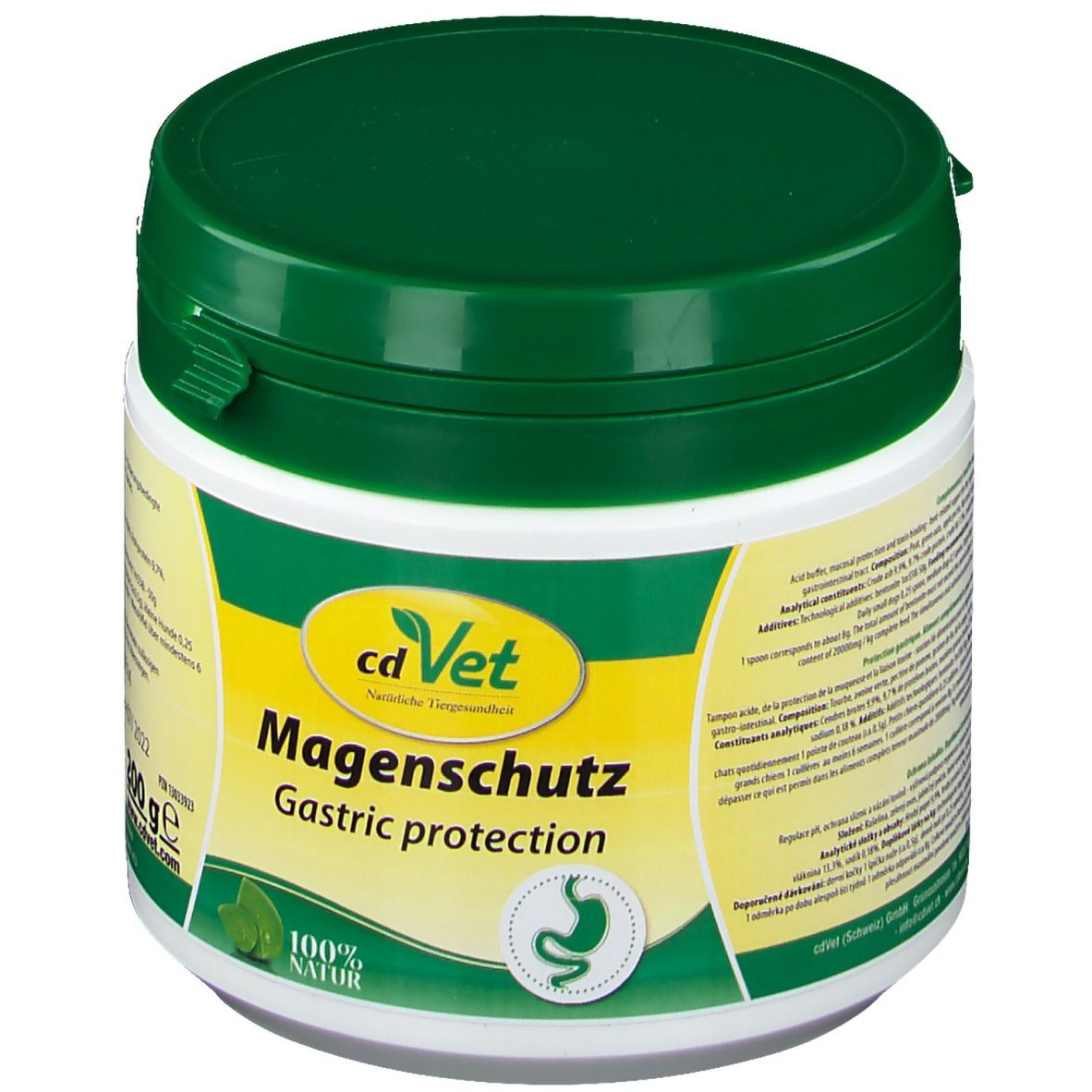 Weißer Behälter mit grünem Deckel. Aufschrift: cdVet Magenschutz, Gastric protection. Logo: Magen-Symbol. 100% Natur.
