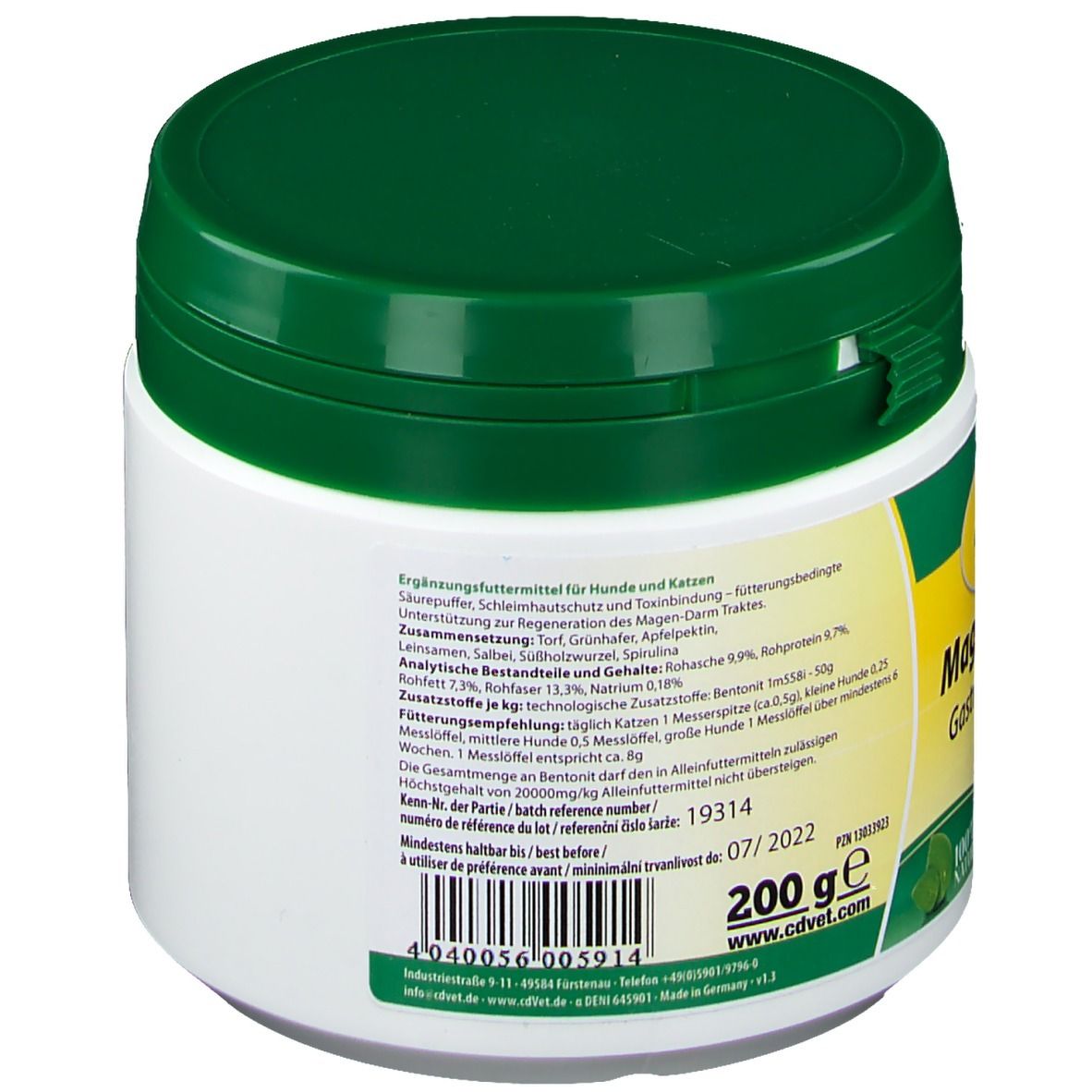 Weißer Behälter mit grünem Deckel. Rückseite mit Text und Barcode. Aufschrift: Ergänzungsfuttermittel für Hunde und Katzen. 200g.