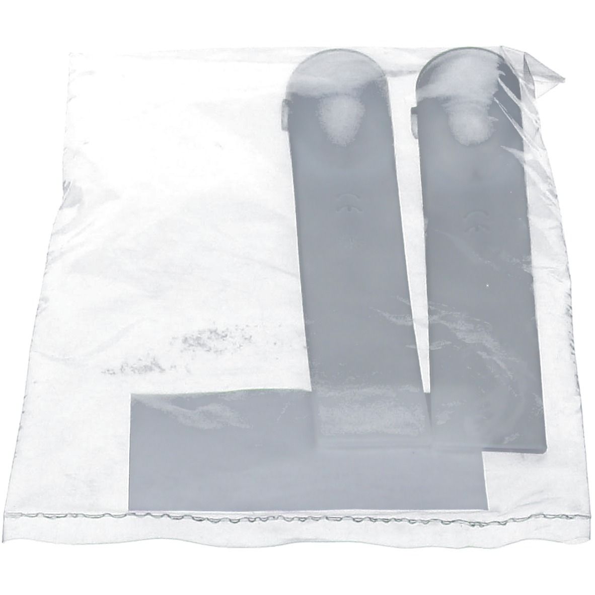 Zwei graue Schläuche und ein rechteckiges Teil in transparenter Verpackung. CE-Kennzeichnung sichtbar.