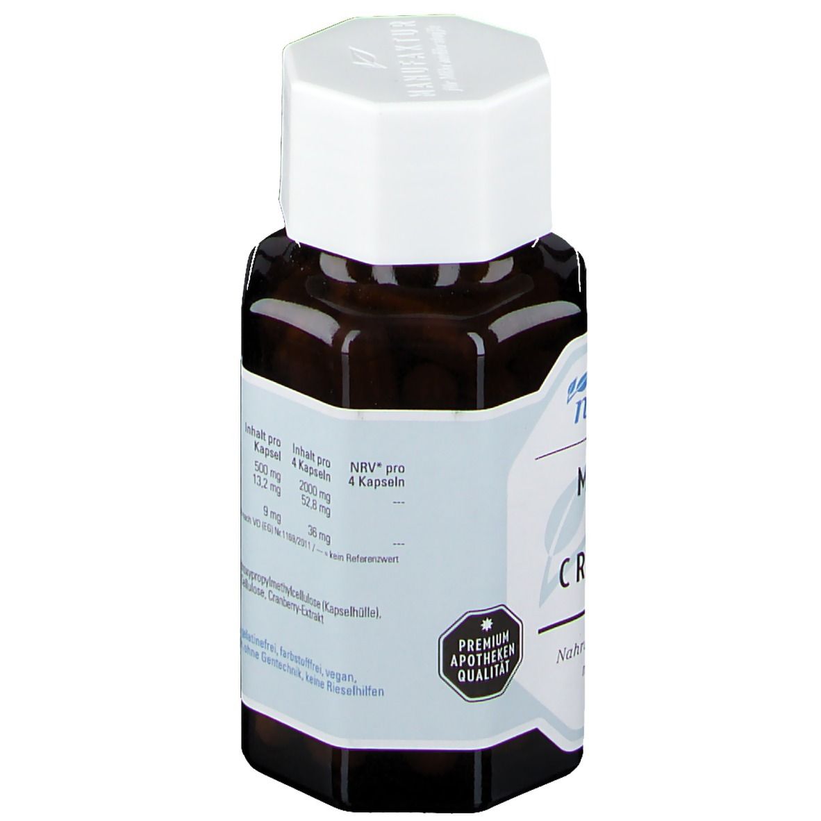 Rückansicht der braunen Flasche mit weißem Deckel. Etikett mit Inhaltsstoffen und Premium Apotheken Qualität.