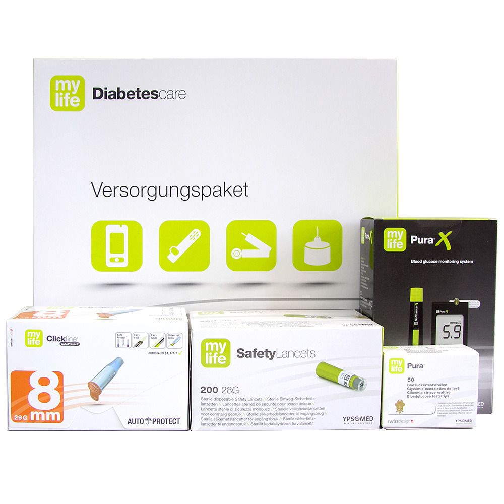 Verschiedene Verpackungen von mylife Diabetescare Produkten. Enthält Versorgungspaket, Clickfine, Safety Lancets und Pura X Blutzuckermessgerät.