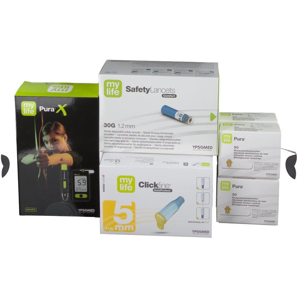 Verpackungen von mylife Diabetescare Produkten. Enthält Clickfine, Safety Lancets und Pura X Blutzuckermessgerät. Aufdruck: 5.9 mmol/L.