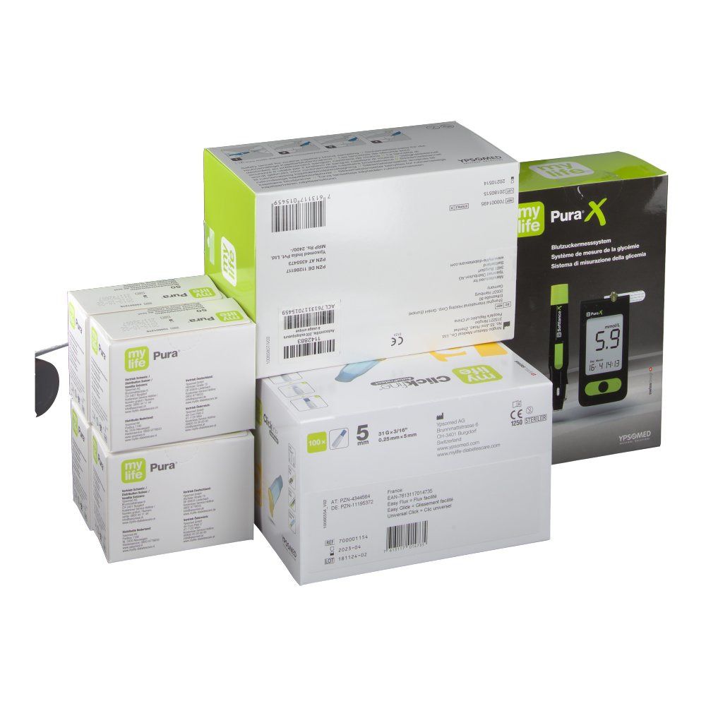 Verpackungen von mylife Diabetescare Produkten. Enthält Pura X Blutzuckermessgerät und weitere Produkte. Aufdruck: 5.9 mmol/L.