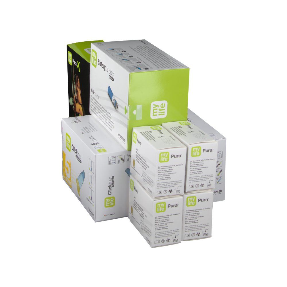 Verpackungen von mylife Diabetescare Produkten. Enthält Pura X Blutzuckermessgerät, Clickfine, Safety Lancets und weitere Produkte.